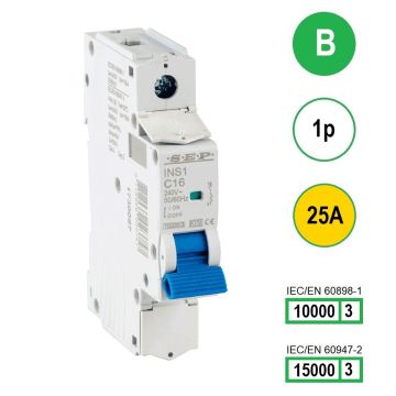 SEP INS1-1B25 installatieautomaat 1-polig 25A B-karakteristiek met verzegelbare aansluitafdekking