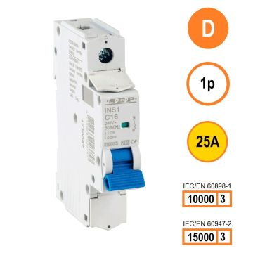 SEP INS1-1D25 installatieautomaat 1-polig 25A D-karakteristiek met verzegelbare aansluitafdekking