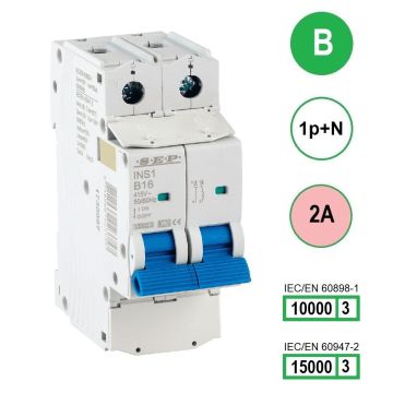SEP INS1-1NB02 installatieautomaat 1-polig + nul 2A B-karakteristiek met verzegelbare aansluitafdekking