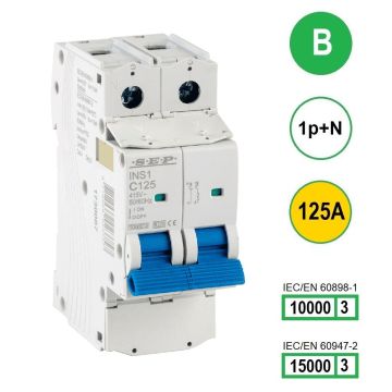 SEP INS1-1NB125 installatieautomaat 1-polig + nul 125A B-karakteristiek met verzegelbare aansluitafdekking