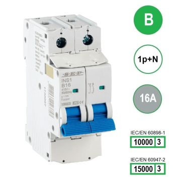 SEP INS1-1NB16 installatieautomaat 1-polig + nul 16A B-karakteristiek met verzegelbare aansluitafdekking