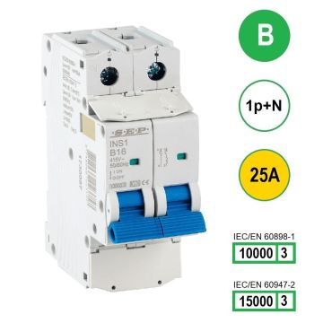 SEP INS1-1NB25 installatieautomaat 1-polig + nul 25A B-karakteristiek met verzegelbare aansluitafdekking