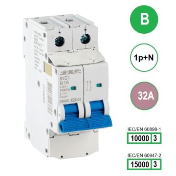 SEP INS1-1NB32 installatieautomaat 1-polig + nul 32A B-karakteristiek met verzegelbare aansluitafdekking