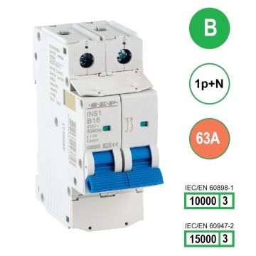 SEP INS1-1NB63 installatieautomaat 1-polig + nul 63A B-karakteristiek met verzegelbare aansluitafdekking
