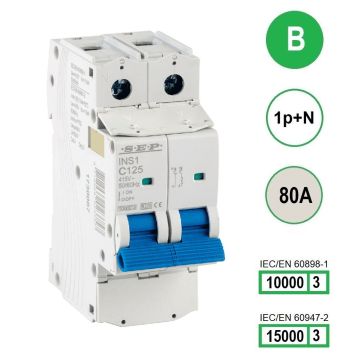 SEP INS1-1NB80 installatieautomaat 1-polig + nul 80A B-karakteristiek met verzegelbare aansluitafdekking