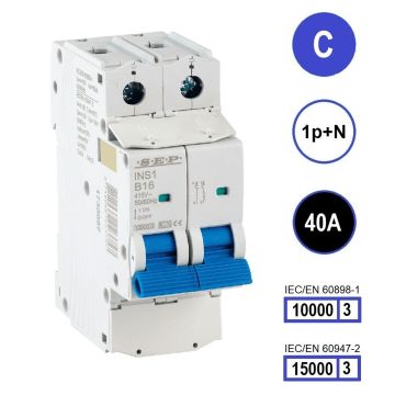 SEP INS1-1NC40 installatieautomaat 1-polig + nul 40A C-karakteristiek met verzegelbare aansluitafdekking
