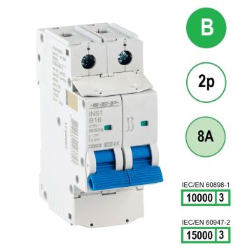 SEP INS1-2B08 installatieautomaat 2-polig 8A B-karakteristiek met verzegelbare aansluitafdekking
