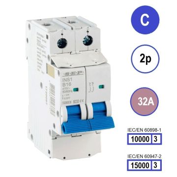 SEP INS1-2C32 installatieautomaat 2-polig 32A C-karakteristiek met verzegelbare aansluitafdekking