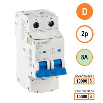 SEP INS1-2D08 installatieautomaat 2-polig 8A D-karakteristiek met verzegelbare aansluitafdekking