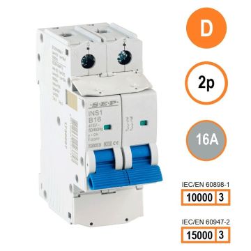 SEP INS1-2D16 installatieautomaat 2-polig 16A D-karakteristiek met verzegelbare aansluitafdekking