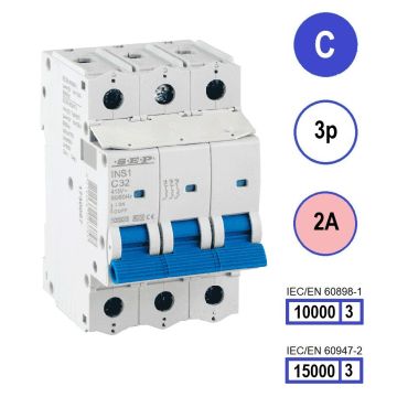SEP INS1-3C02 installatieautomaat 3-polig 2A C-karakteristiek met verzegelbare aansluitafdekking