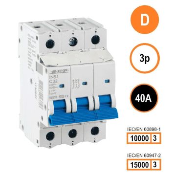 SEP INS1-3D40 installatieautomaat 3-polig 40A D-karakteristiek met verzegelbare aansluitafdekking