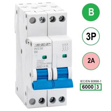 SEP INS36-3B02, installatieautomaat 3p B2 6kA, 36mm, 2 modulen