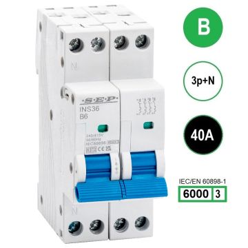 SEP INS36-3NB40, installatieautomaat 3p+n B40 6kA, 36mm, 2 modulen