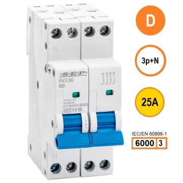 SEP INS36-3ND25, installatieautomaat 3p+n D25 6kA, 36mm, 2 modulen