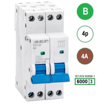 SEP INS36-4B04, installatieautomaat 4p B4 6kA, 36mm, 2 modulen