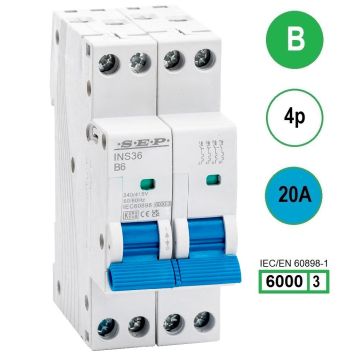 SEP INS36-4B20, installatieautomaat 4p B20 6kA, 36mm, 2 modulen