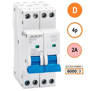 SEP INS36-4D02, installatieautomaat 4p D2 6kA, 36mm, 2 modulen