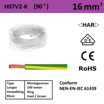 Schotman Elektro - SEP Montagesnoer 90 graden H07V2-k geel groen 16mm2