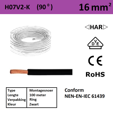 Schotman Elektro - SEP Montagesnoer 90 graden H07V2-k zwart 16mm2