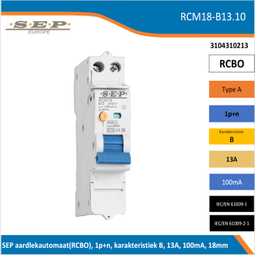 SEP RCM18 al.autom. 1p+n, B-kar, 13A, 100mA, 6kA (18mm)