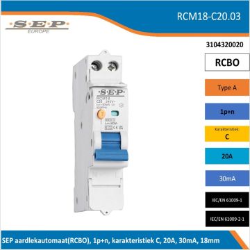 Schotman Elektro B.V. – SEP spanningsonafhankelijke aardlekautomaat, C-kar, 20A, 30mA, 18mm, 1 module