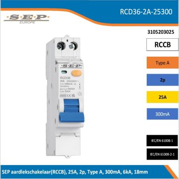 SEP RCD36-2A-25300 aardlekschakelaar – compacte 2-polige RCCB 25A / 300mA in behuizing, zij- en vooraanzicht