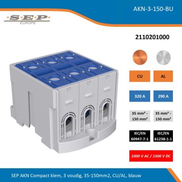 SEP AKN Compact klem, 3 voudig, 35-150mm2, CU/AL, blauw