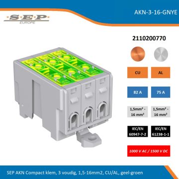 SEP AKN Compact klem, 3 voudig, 1,5-16mm2, CU/AL, geel-groen