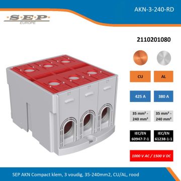 SEP AKN Compact klem, 3 voudig, 35-240mm2, CU/AL, rood