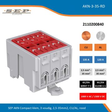 SEP AKN Compact klem, 3 voudig, 2,5-35mm2, CU/AL, rood