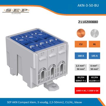 SEP AKN Compact klem, 3 voudig, 2,5-50mm2, CU/AL, blauw