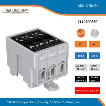SEP AKN Compact klem, 3 voudig, 2,5-50mm2, CU/AL, zwart
