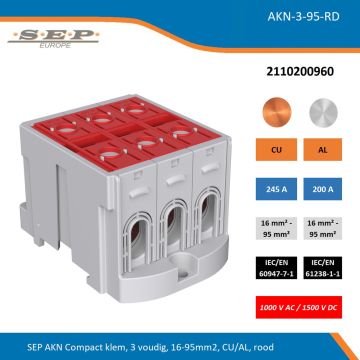 SEP AKN Compact klem, 3 voudig, 16-95mm2, CU/AL, rood