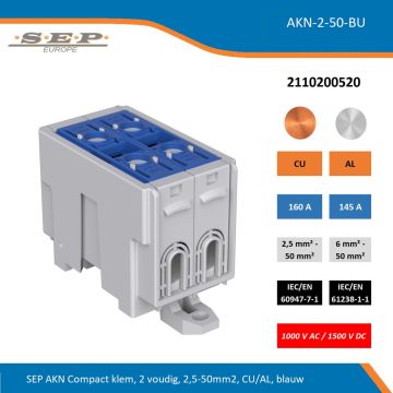 SEP AKN Compact klem, 2 voudig, 2,5-50mm2, CU/AL, blauw