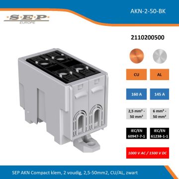 SEP AKN Compact klem, 2 voudig, 2,5-50mm2, CU/AL, zwart