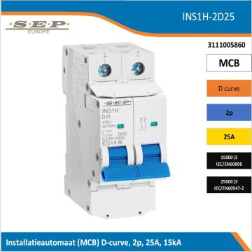 SEP Europe INS1H-2D25 installatieautomaat, MCB D-curve, 2p, 25A, kortsluitvastheid 15kA/25kA