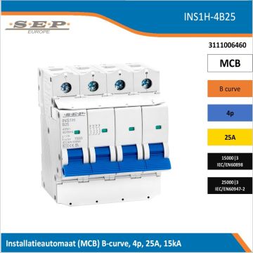 SEP Europe INS1H-4B25 installatieautomaat, MCB B-curve, 4p, 25A, kortsluitvastheid 15kA/25kA