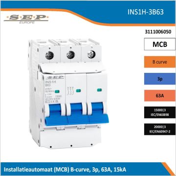 SEP Europe INS1H-3B63 installatieautomaat, MCB B-curve, 3p, 63A, kortsluitvastheid 15kA/20kA