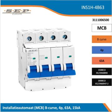 SEP Europe INS1H-4B63 installatieautomaat, MCB B-curve, 4p, 63A, kortsluitvastheid 15kA/20kA