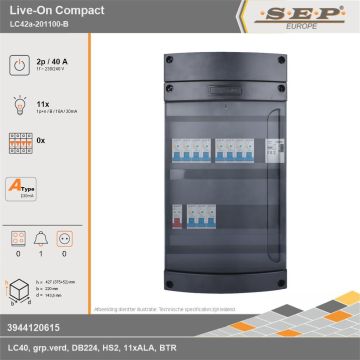 SEP Europe - Live-On Compact, LC42a-201100-B, 40A, 1-fase groepenkast, 11-lichtgroepen, 1-beltrafo, technische gegevens