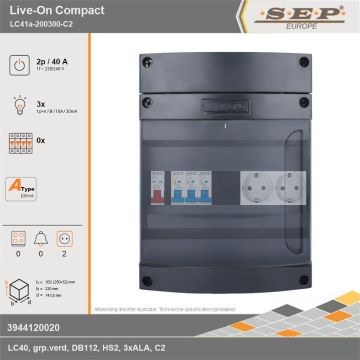 SEP Europe - Live-On Compact, LC41a-200300-C2, 40A, 1-fase groepenkast, 3-lichtgroepen,  2V-contactdoos, technische gegevens