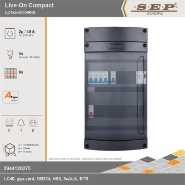 SEP Europe - Live-On Compact, LC42a-200500-B, 40A, 1-fase groepenkast, 5-lichtgroepen, 1-beltrafo, technische gegevens