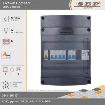 SEP Europe - Live-On Compact, LC41a-200600-B, 40A, 1-fase groepenkast, 6-lichtgroepen, 1-beltrafo, technische gegevens