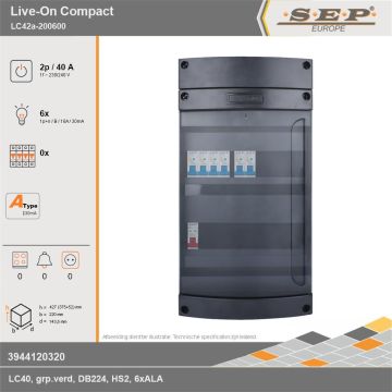 SEP Europe - Live-On Compact, LC42a-200600, 40A, 1-fase groepenkast, 6-lichtgroepen, technische gegevens