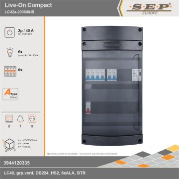 SEP Europe - Live-On Compact, LC42a-200600-B, 40A, 1-fase groepenkast, 6-lichtgroepen, 1-beltrafo, technische gegevens