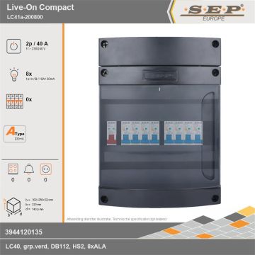 SEP Europe - Live-On Compact, LC41a-200800, 40A, 1-fase groepenkast, 8-lichtgroepen, technische gegevens