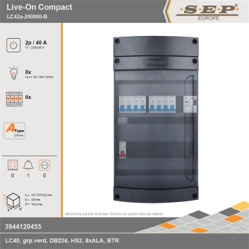 SEP Europe - Live-On Compact, LC42a-200800-B, 40A, 1-fase groepenkast, 8-lichtgroepen, 1-beltrafo, technische gegevens