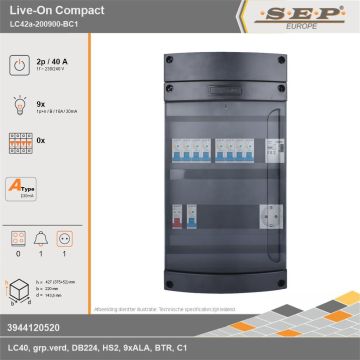 SEP Europe - Live-On Compact, LC42a-200900-BC1, 40A, 1-fase groepenkast, 9-lichtgroepen, 1-beltrafo,  1V-contactdoos, technische gegevens