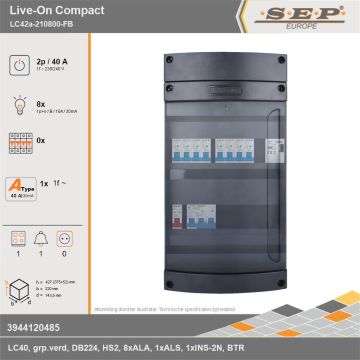 SEP Europe - Live-On Compact, LC42a-210800-FB, 40A, 1-fase groepenkast, 8-lichtgroepen, 1-fornuisgroep, 1-beltrafo, technische gegevens